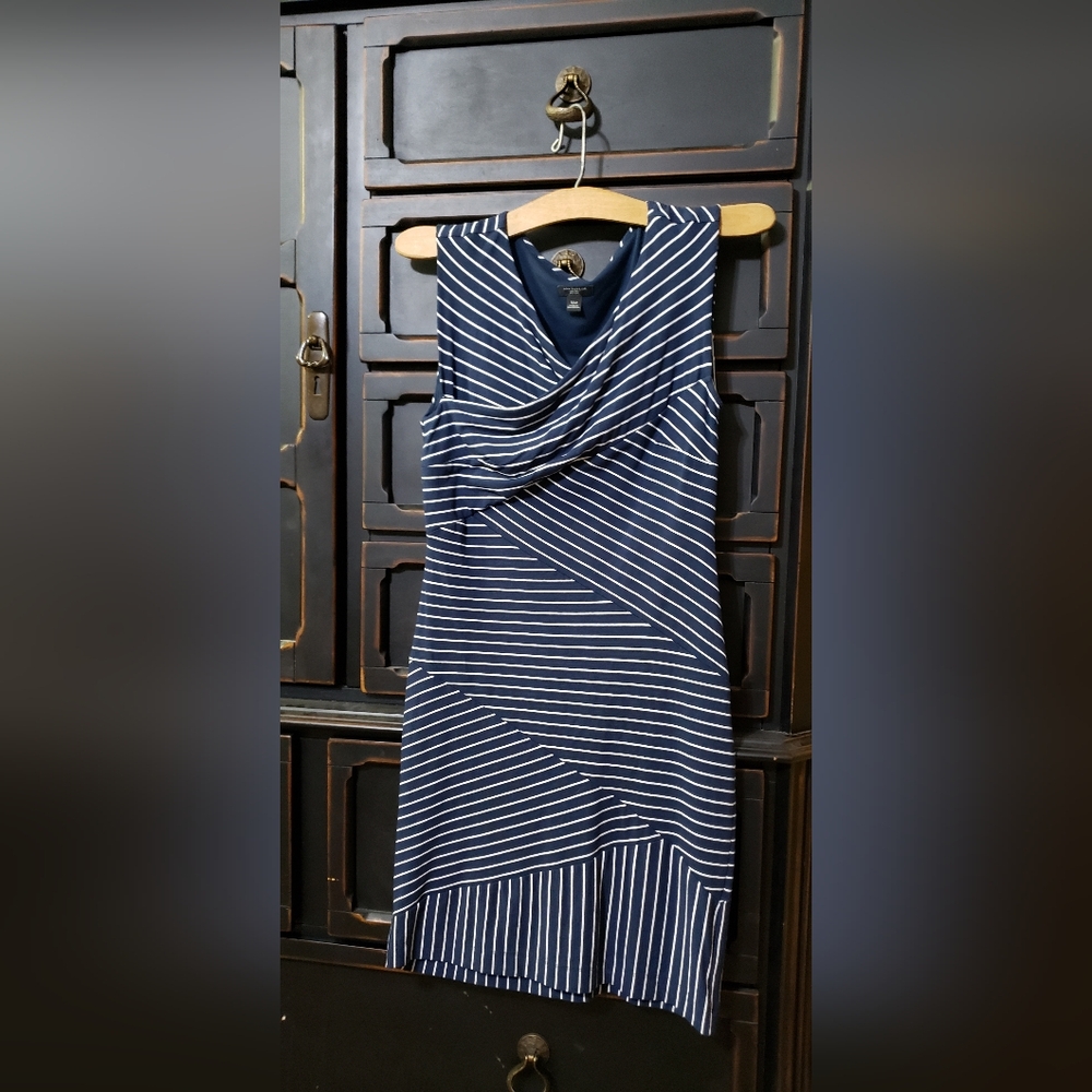 Anne Klein Navy & White Striped Sleeveless Midi Dress with Faux Wrap Bodice